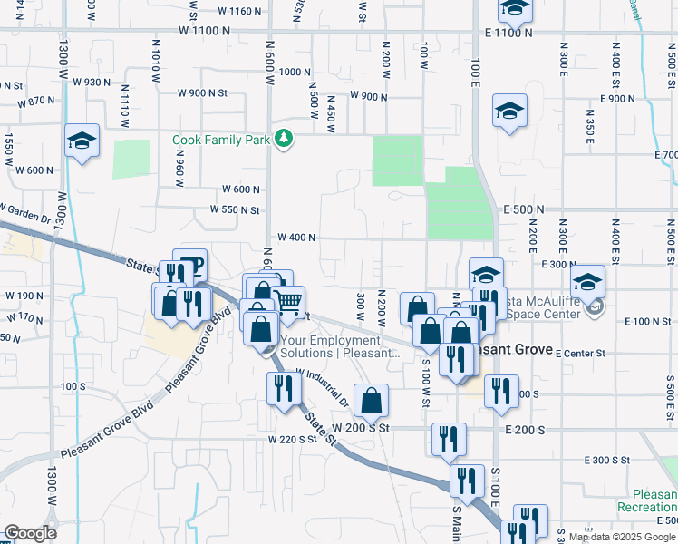 map of restaurants, bars, coffee shops, grocery stores, and more near 410 280 North Street in Pleasant Grove