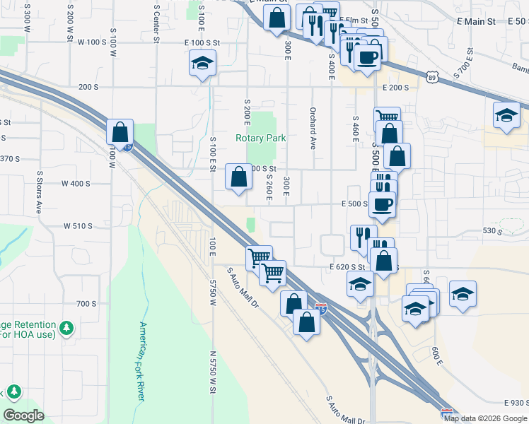 map of restaurants, bars, coffee shops, grocery stores, and more near 528 South 260 East in American Fork