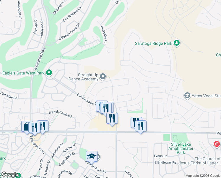 map of restaurants, bars, coffee shops, grocery stores, and more near 4112 East Gazelle Run in Eagle Mountain