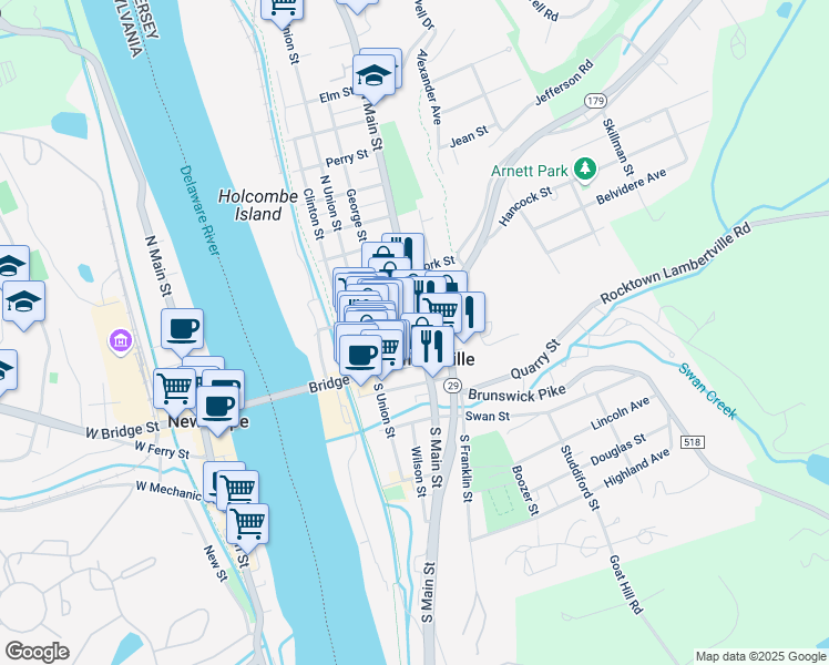 map of restaurants, bars, coffee shops, grocery stores, and more near in Lambertville