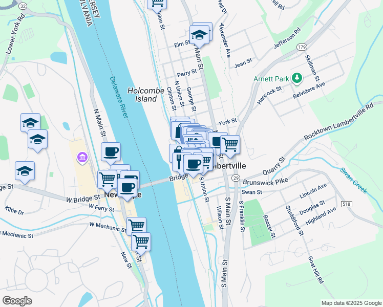 map of restaurants, bars, coffee shops, grocery stores, and more near 7 Coryell Street in Lambertville