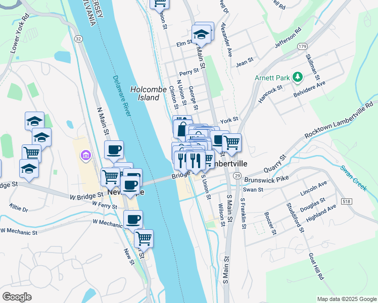 map of restaurants, bars, coffee shops, grocery stores, and more near 7 Coryell Street in Lambertville