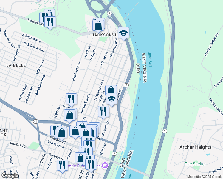 map of restaurants, bars, coffee shops, grocery stores, and more near 320 Clinton Avenue in Steubenville