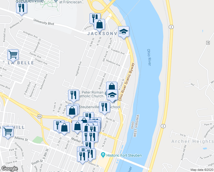 map of restaurants, bars, coffee shops, grocery stores, and more near 522 North 5th Street in Steubenville