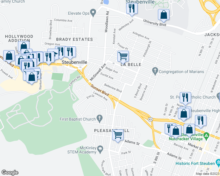 map of restaurants, bars, coffee shops, grocery stores, and more near 1432 Belleview Boulevard in Steubenville