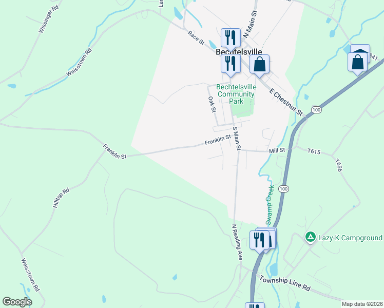 map of restaurants, bars, coffee shops, grocery stores, and more near 78 Franklin Street in Bechtelsville