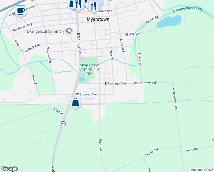 map of restaurants, bars, coffee shops, grocery stores, and more near 716 South Railroad Street in Myerstown