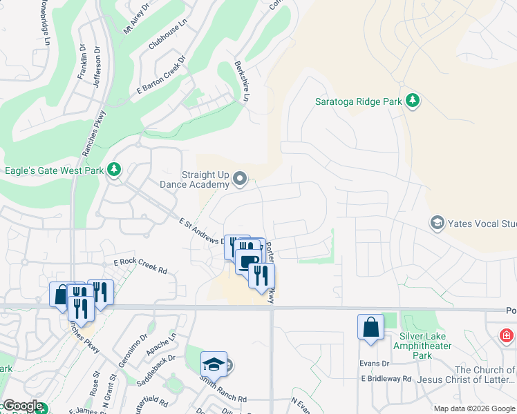 map of restaurants, bars, coffee shops, grocery stores, and more near 4112 East Gazelle Run in Eagle Mountain