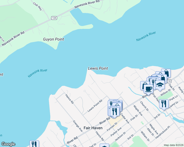 map of restaurants, bars, coffee shops, grocery stores, and more near 181 Lewis Lane in Fair Haven