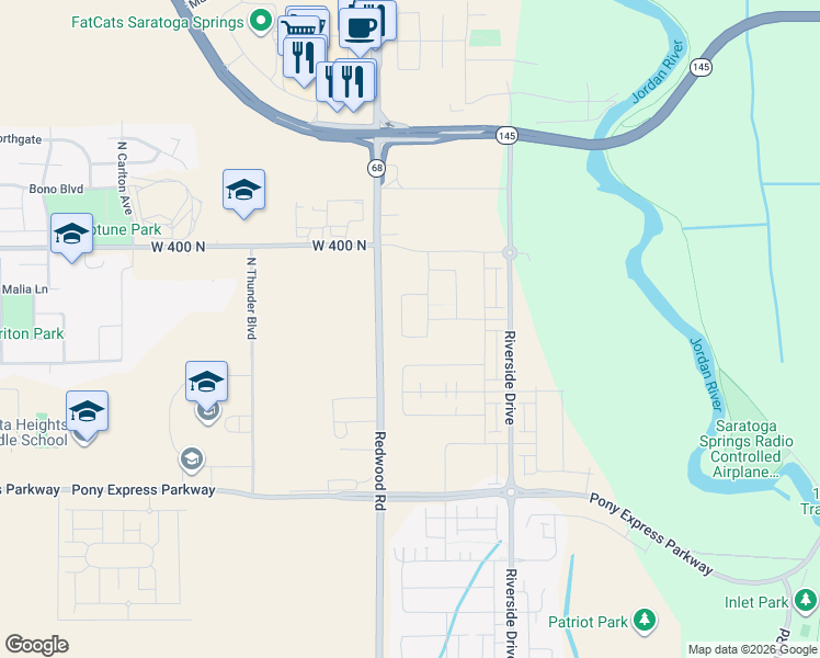 map of restaurants, bars, coffee shops, grocery stores, and more near 264 North Roundabout Street in Saratoga Springs