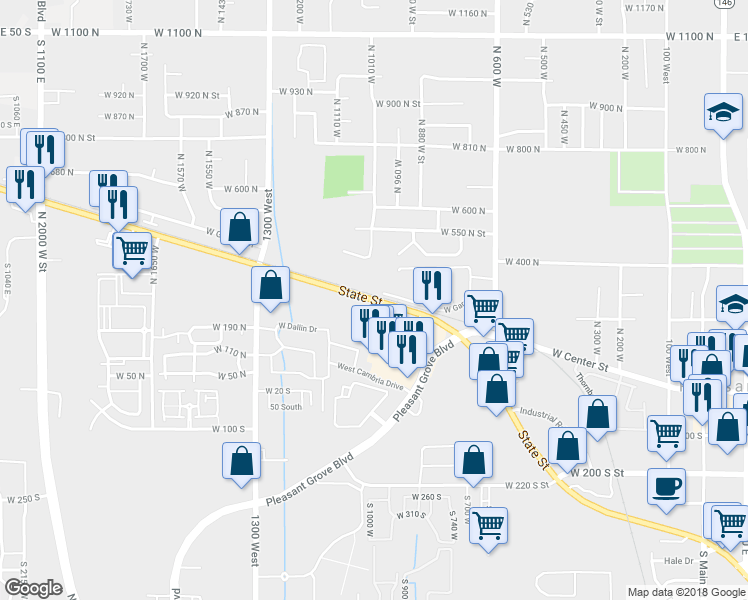 map of restaurants, bars, coffee shops, grocery stores, and more near 978 West Center Street in Pleasant Grove