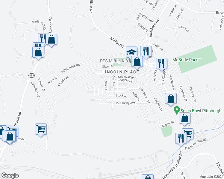 map of restaurants, bars, coffee shops, grocery stores, and more near 5704 Cox Avenue in Pittsburgh