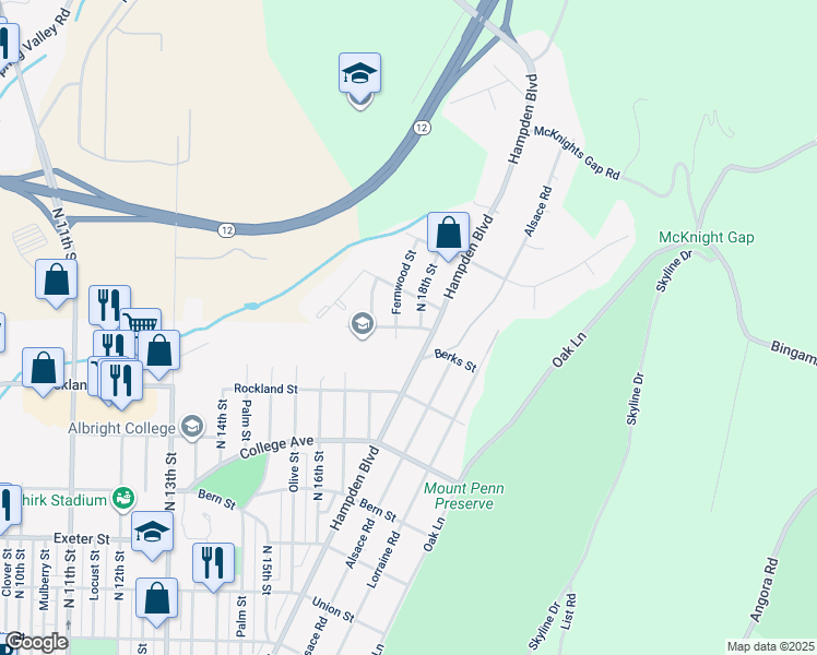map of restaurants, bars, coffee shops, grocery stores, and more near City Line Avenue in Reading