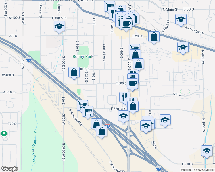 map of restaurants, bars, coffee shops, grocery stores, and more near 384 East 500 South in American Fork
