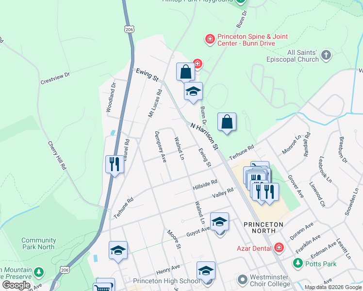 map of restaurants, bars, coffee shops, grocery stores, and more near 79 Cuyler Road in Princeton