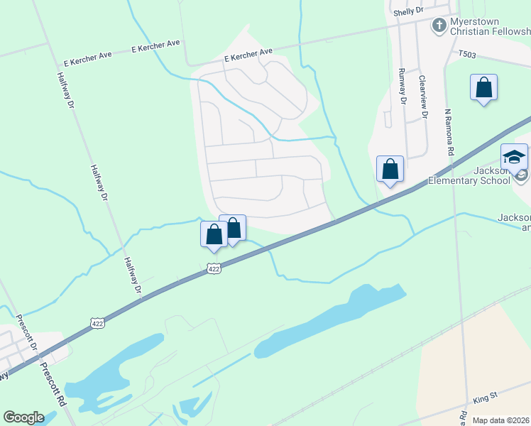 map of restaurants, bars, coffee shops, grocery stores, and more near 123 Arbor Drive in Myerstown