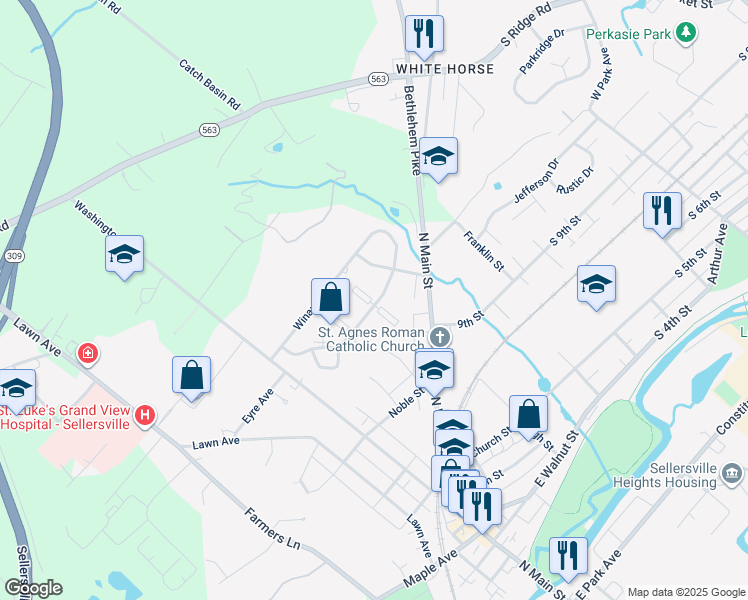map of restaurants, bars, coffee shops, grocery stores, and more near 549 Newbury Court in Sellersville