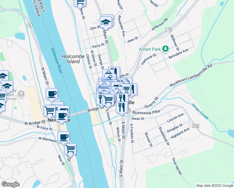 map of restaurants, bars, coffee shops, grocery stores, and more near 43 Church Street in Lambertville