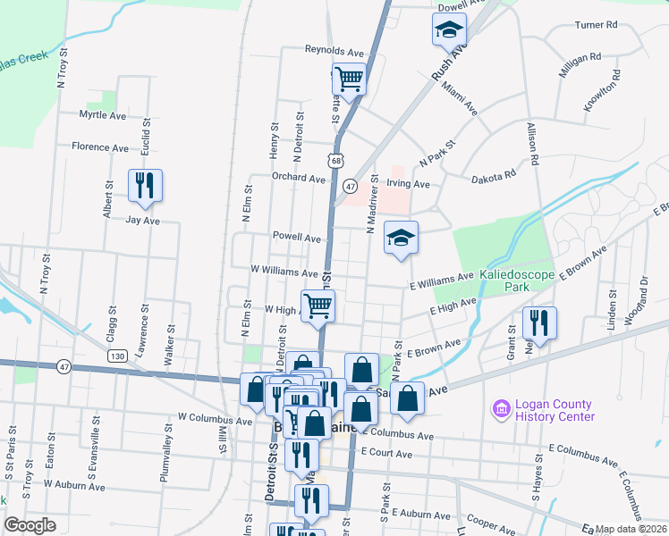 map of restaurants, bars, coffee shops, grocery stores, and more near 104 Williams Avenue in Bellefontaine