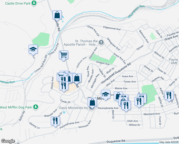 map of restaurants, bars, coffee shops, grocery stores, and more near 1939 Rhodes Avenue in West Mifflin