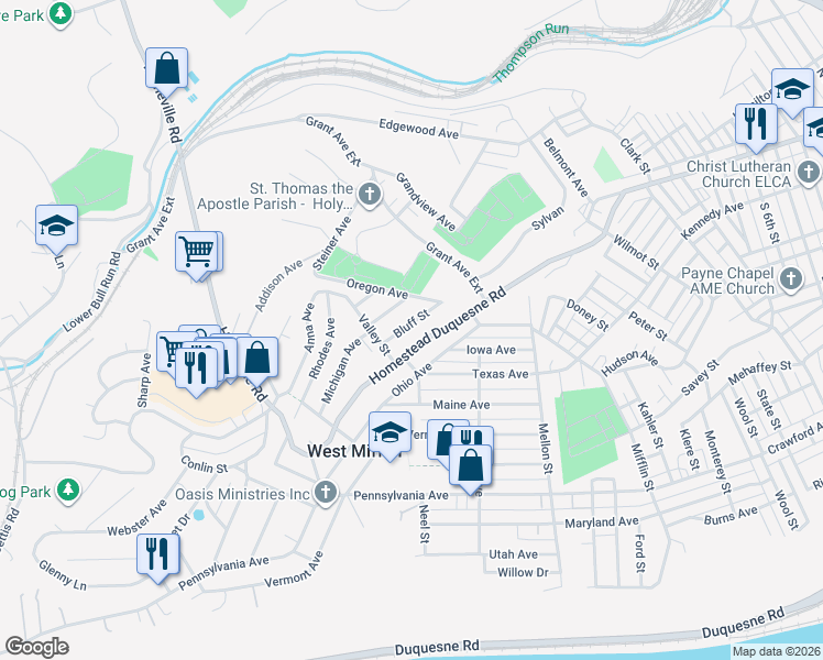 map of restaurants, bars, coffee shops, grocery stores, and more near 1874 Homestead Duquesne Road in West Mifflin