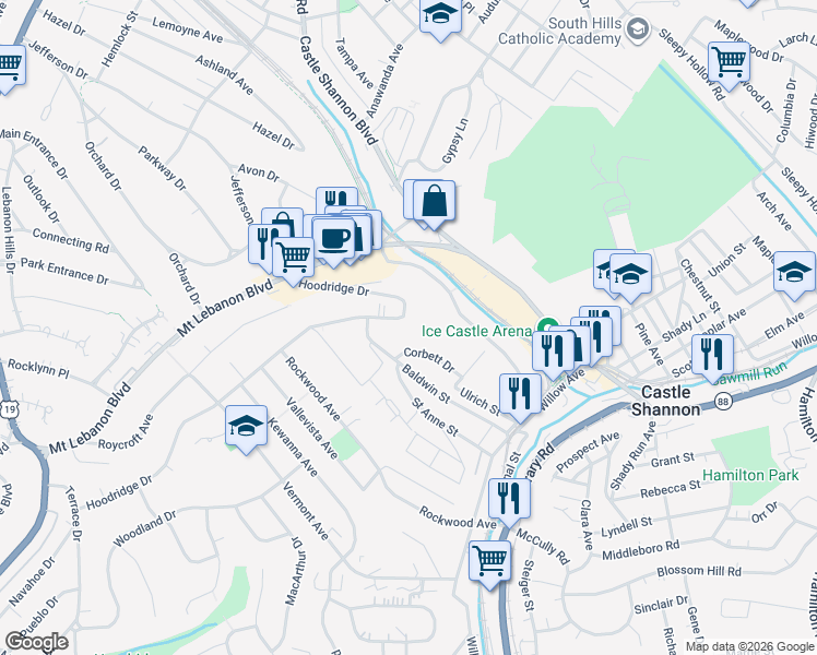 map of restaurants, bars, coffee shops, grocery stores, and more near 452 Hoodridge Drive in Castle Shannon