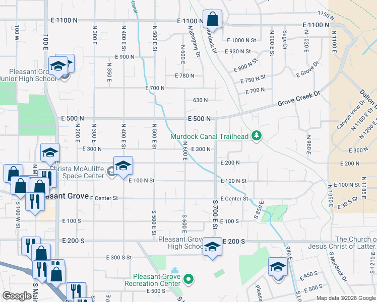 map of restaurants, bars, coffee shops, grocery stores, and more near 615 East 200 North in Pleasant Grove