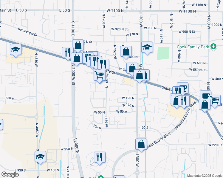 map of restaurants, bars, coffee shops, grocery stores, and more near 1577 West 250 North in Pleasant Grove