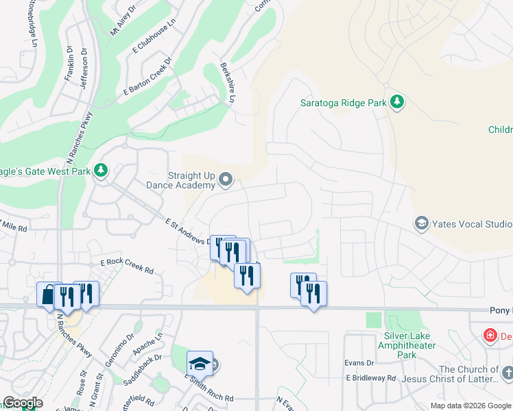map of restaurants, bars, coffee shops, grocery stores, and more near 4112 East Gazelle Run in Eagle Mountain