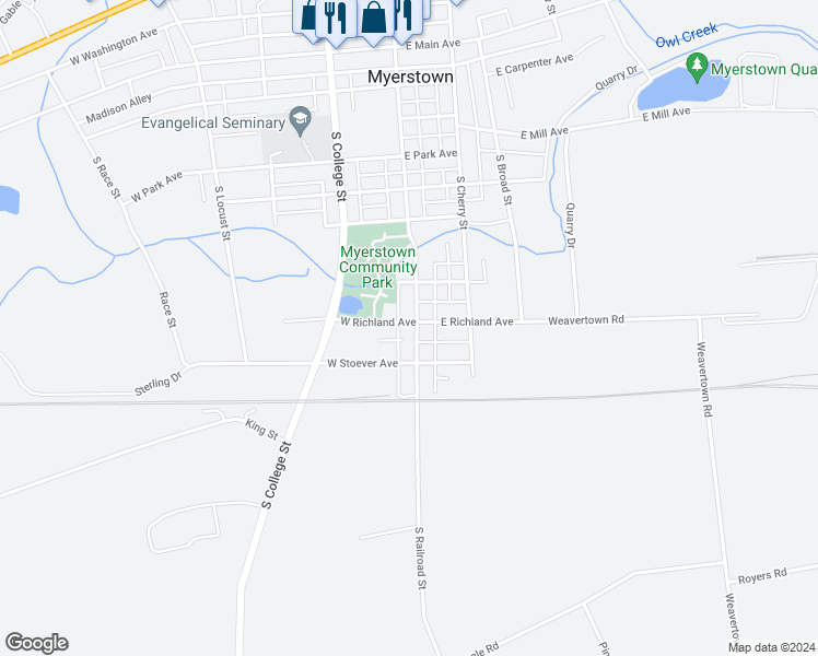 map of restaurants, bars, coffee shops, grocery stores, and more near 701 Peach Alley in Myerstown