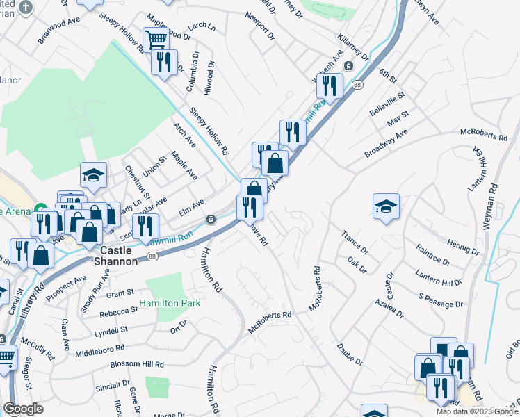 map of restaurants, bars, coffee shops, grocery stores, and more near 1227 Grove Road in Pittsburgh