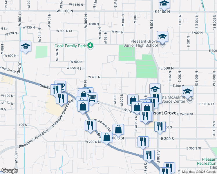 map of restaurants, bars, coffee shops, grocery stores, and more near 310 West 200 North Street in Pleasant Grove