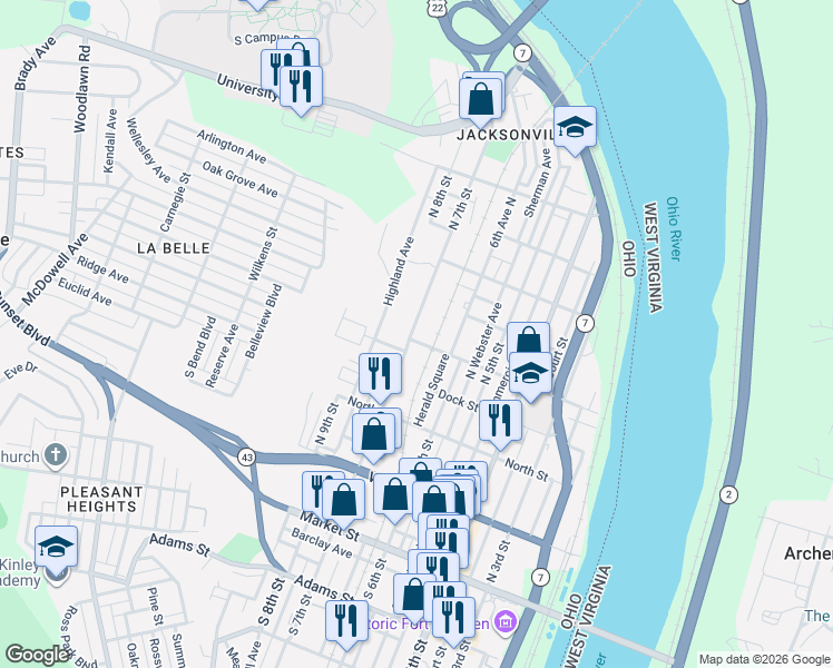 map of restaurants, bars, coffee shops, grocery stores, and more near 634-698 Logan Street in Steubenville