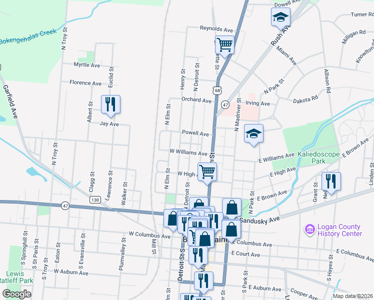 map of restaurants, bars, coffee shops, grocery stores, and more near 429 North Detroit Street in Bellefontaine