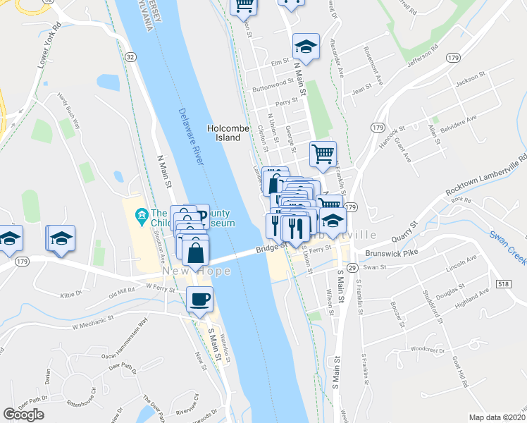 map of restaurants, bars, coffee shops, grocery stores, and more near 47 Lambert Lane in Lambertville