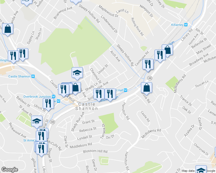 map of restaurants, bars, coffee shops, grocery stores, and more near in Castle Shannon
