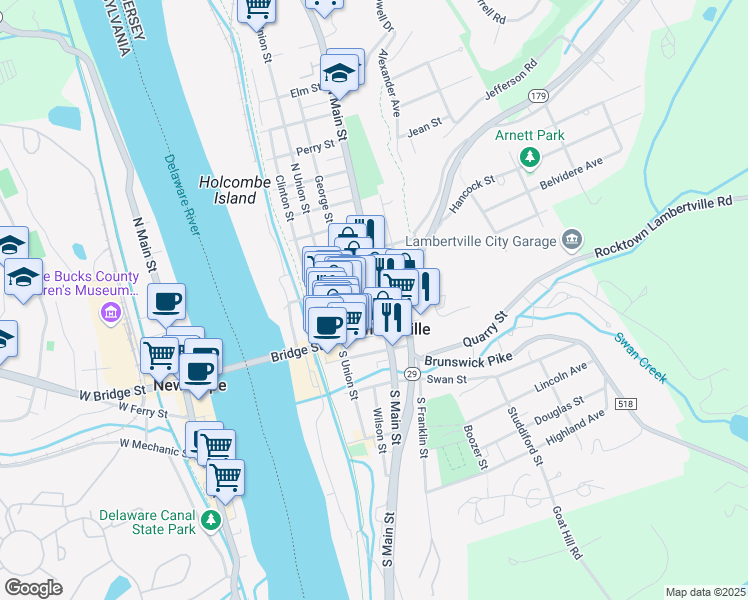 map of restaurants, bars, coffee shops, grocery stores, and more near 43 Church Street in Lambertville