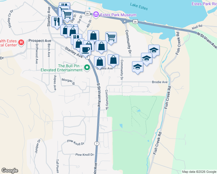 map of restaurants, bars, coffee shops, grocery stores, and more near 737 Birdie Lane in Estes Park