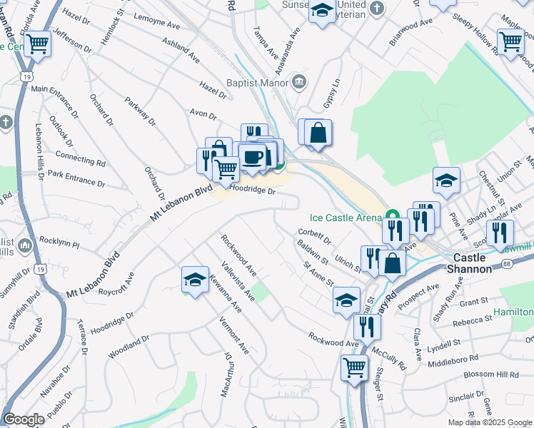 map of restaurants, bars, coffee shops, grocery stores, and more near 444 Hoodridge Drive in Castle Shannon
