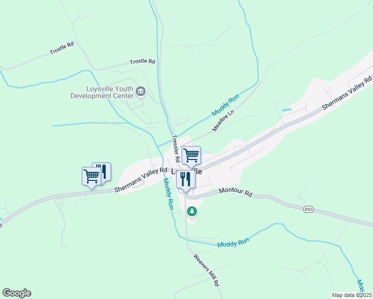 map of restaurants, bars, coffee shops, grocery stores, and more near 25 Tressler Road in Loysville