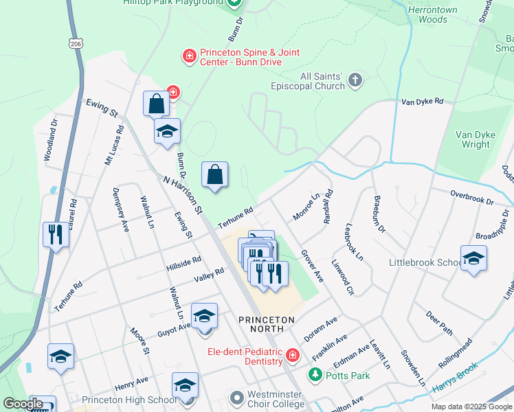 map of restaurants, bars, coffee shops, grocery stores, and more near 2 Thanet Road in Princeton