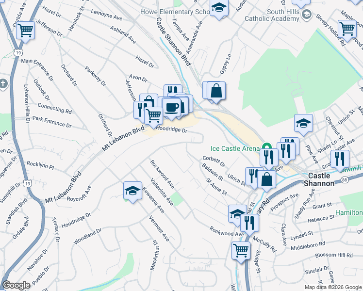 map of restaurants, bars, coffee shops, grocery stores, and more near 444 Hoodridge Drive in Pittsburgh