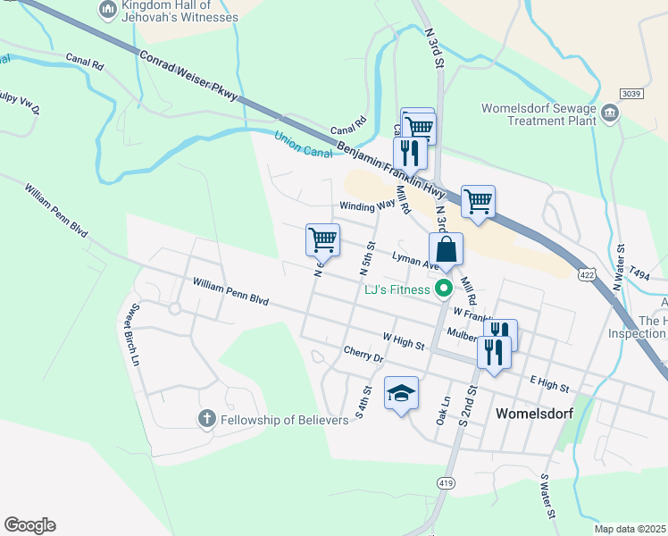 map of restaurants, bars, coffee shops, grocery stores, and more near 535 West Franklin Street in Womelsdorf