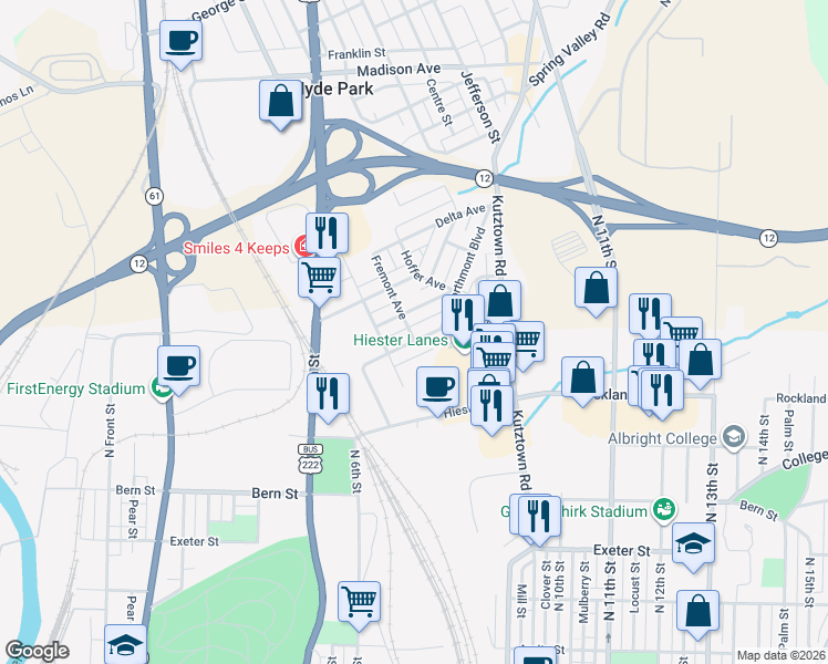 map of restaurants, bars, coffee shops, grocery stores, and more near 704 Alton Avenue in Reading