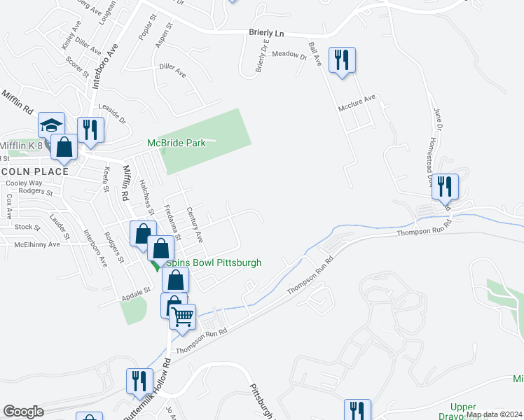map of restaurants, bars, coffee shops, grocery stores, and more near 1815 Rose Arbor Place in Pittsburgh
