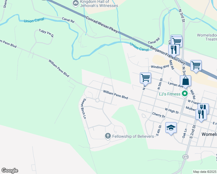 map of restaurants, bars, coffee shops, grocery stores, and more near 805 William Penn Boulevard in Womelsdorf