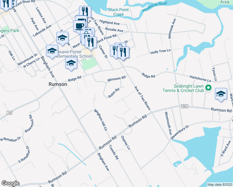 map of restaurants, bars, coffee shops, grocery stores, and more near 17 Robin Road in Rumson