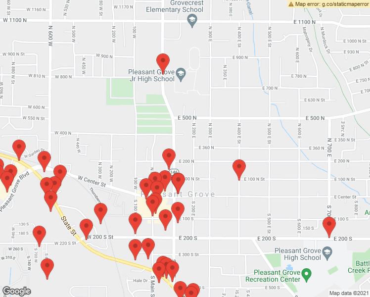 map of restaurants, bars, coffee shops, grocery stores, and more near 143 East 200 North in Pleasant Grove