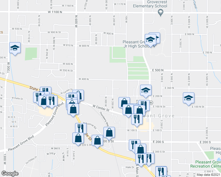 map of restaurants, bars, coffee shops, grocery stores, and more near 210 North 200 West in Pleasant Grove