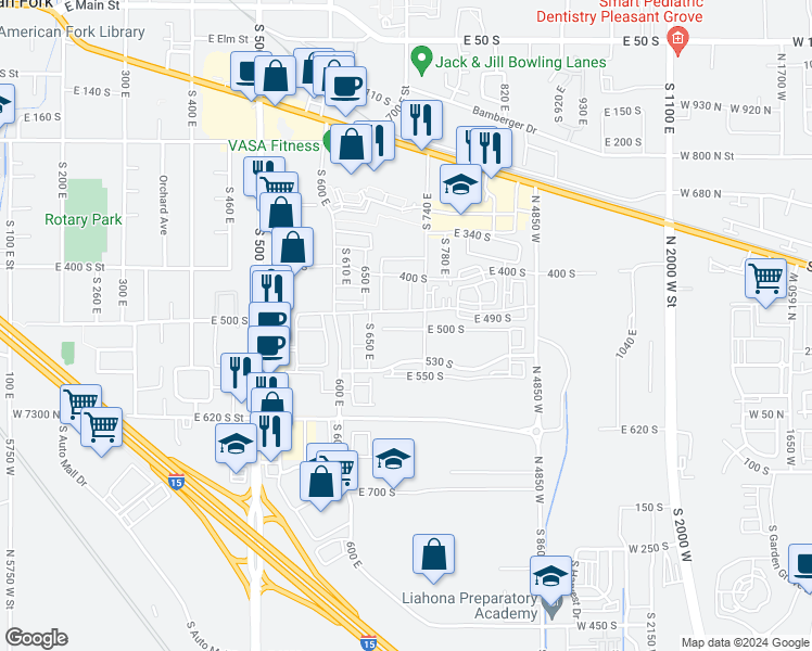 map of restaurants, bars, coffee shops, grocery stores, and more near 698 East 500 South in American Fork